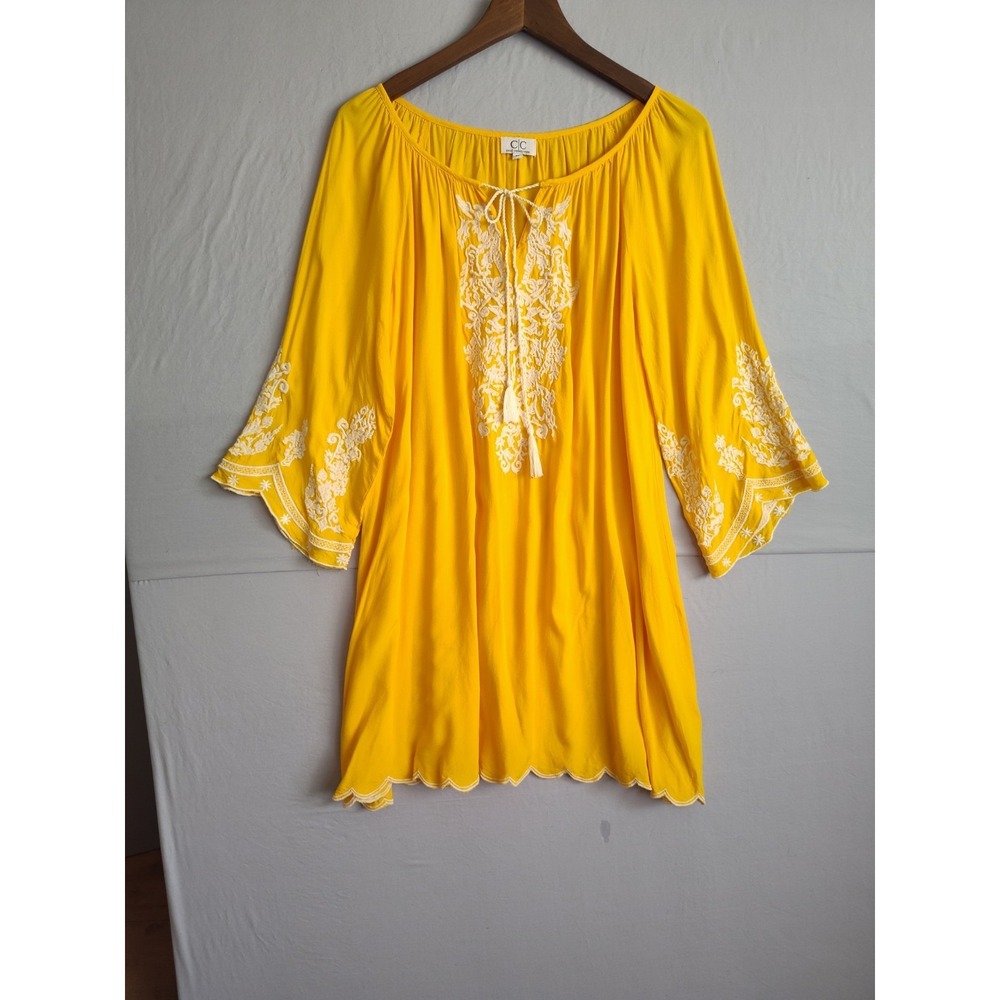 CHIC CONNECTION Yellow Embroidered Floral Kaftan‎ Dress XL Tie Neck Tasseled